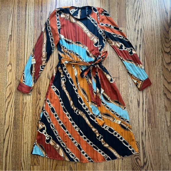ZARA Chain/Bridle Print Midi Belted Dress Multicolored SZ. XS Equestrian Luxury - Picture 1 of 9